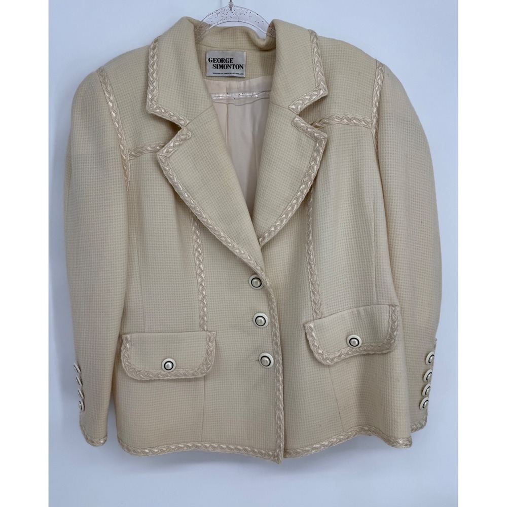 George Simonton Women Cream Braided Trim Wool Blazer Jacket Sz XL Lined VTG